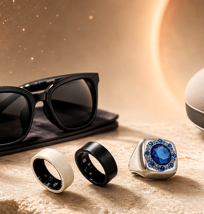 AI and health: a DR H smart ring surrounded by heart-rate, SpO2 and HRV data visualizations